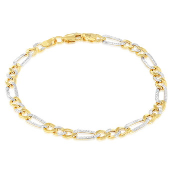 9ct Yellow And White Two-Tone Gold Diamond Cut Hollow 19cm Figaro Bracelet