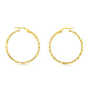 9ct Yellow Gold Diamond Cut 25mm Hoop Earrings