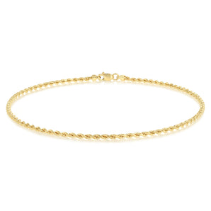 30 Guage Hollow Dicut Rope 25cm Anklet in 9ct Yellow Gold