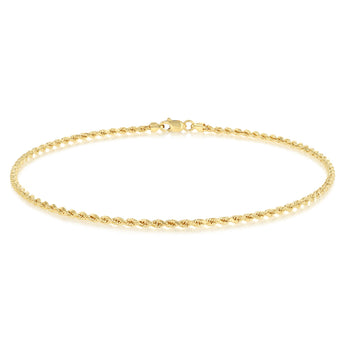 30 Guage Hollow Dicut Rope 25cm Anklet in 9ct Yellow Gold