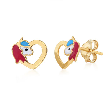 9ct Yellow Gold Unicorn Heart Stud Earrings