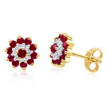 Load image into Gallery viewer, 9ct Yellow Gold Natural Ruby and Diamond Flower Cluster Stud Earrings
