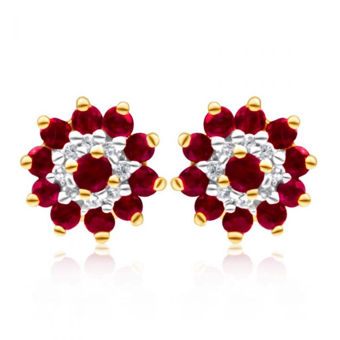 9ct Yellow Gold Natural Ruby and Diamond Flower Cluster Stud Earrings