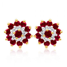 Load image into Gallery viewer, 9ct Yellow Gold Natural Ruby and Diamond Flower Cluster Stud Earrings
