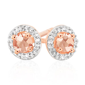 9ct Rose Gold Morganite and Diamond Halo Stud Earrings