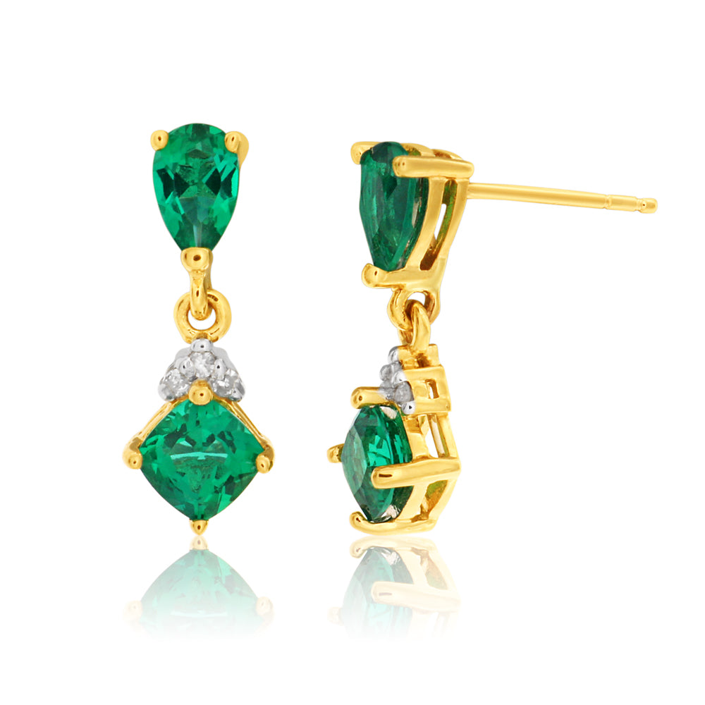 9ct Yellow Gold Created Emerald and Diamond Drop Earrings