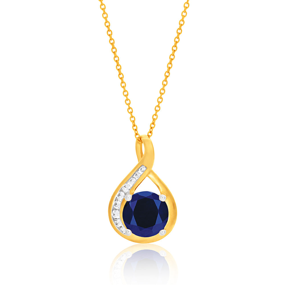 9ct Yellow Gold Created Blue Sapphire and Zirconia Pendant With 45cm Chain