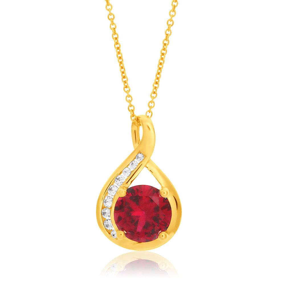 9ct Yellow Gold Created Ruby and Zirconia Pendant With 45cm Chain