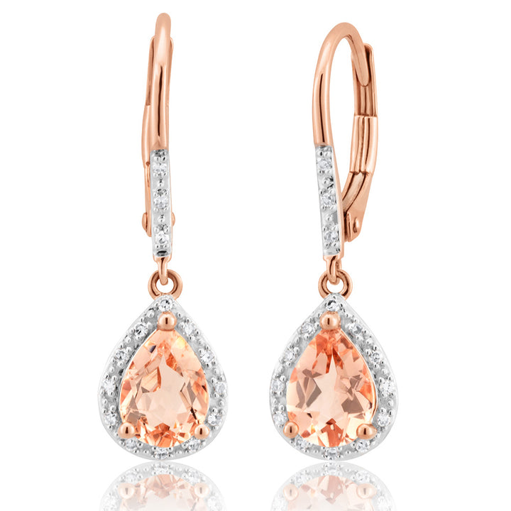 9ct Rose Gold Morganite 7x5mm Pear & Diamond Drop Earrings