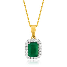 Load image into Gallery viewer, 9ct Yellow Gold Natural Emerald 7x5mm and Diamond Pendant with 45cm Chain