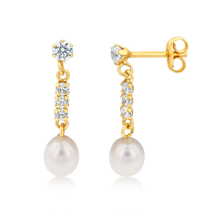 9ct Yellow Gold Cubic Zirconia and Freshwater Pearl Drop Earrings