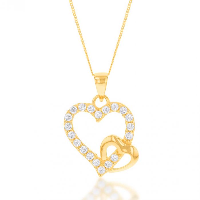 9ct Yellow Gold Cubic Zirconia Double Heart Pendant on Chain Necklace of 46cm