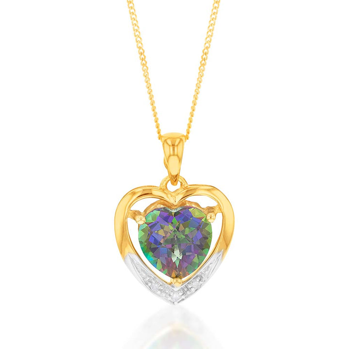 9ct Yellow Gold Enhanced Mystic Topaz and Diamond Heart Pendant on 46cm Chain