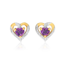 Load image into Gallery viewer, 9ct Yellow Gold Amethyst &amp; Diamond Heart Studs