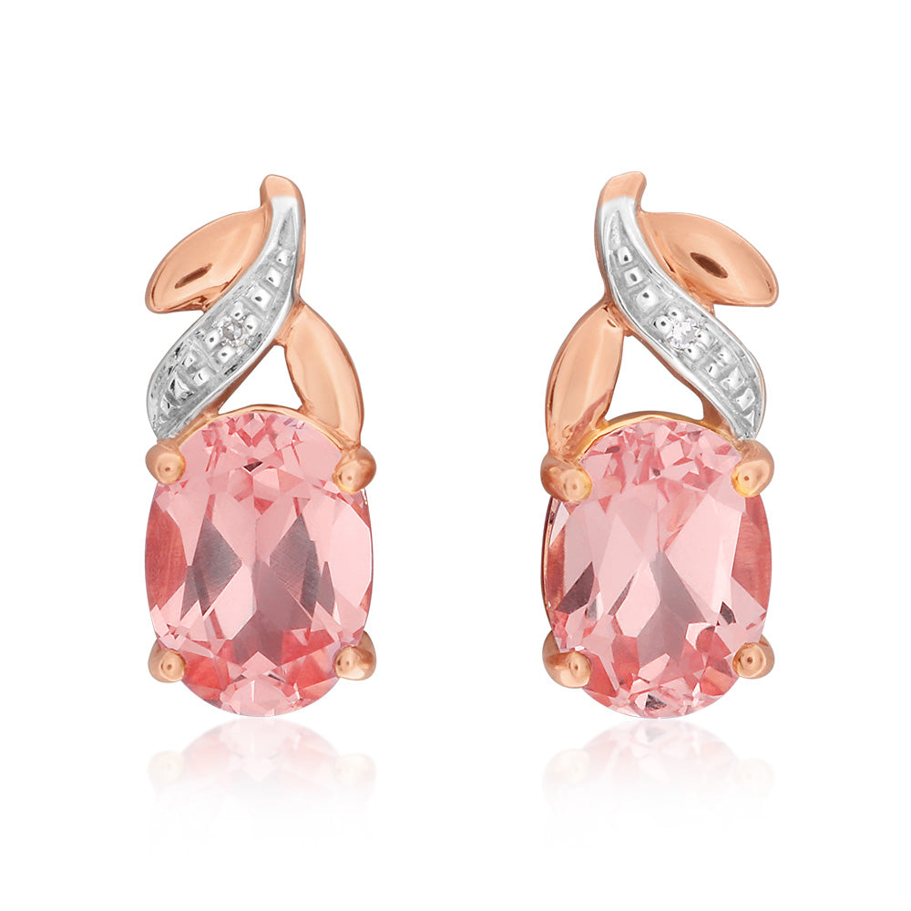 9ct Rose Gold Created Peach Sapphire & Diamond Studs