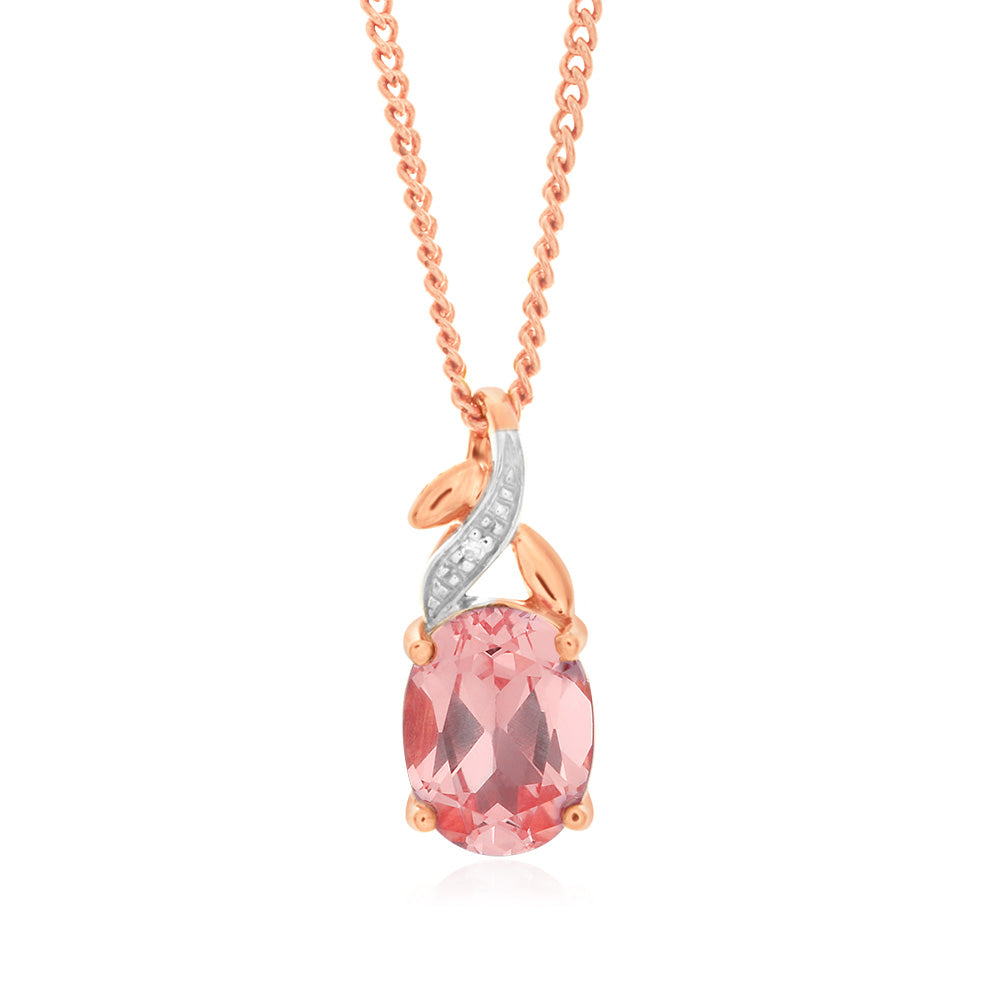 9ct Rose Gold Created Peach Sapphire & Diamond Pendant