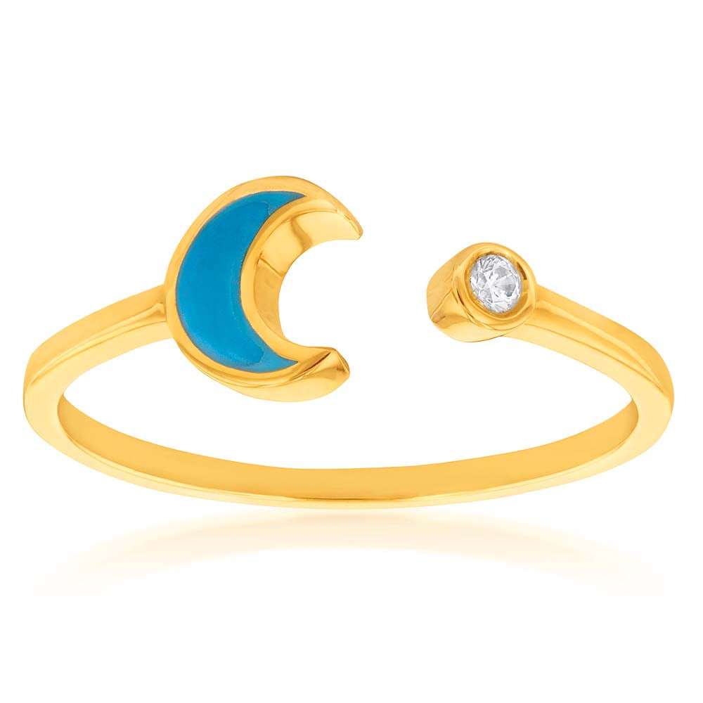 9ct Yellow Gold Created Turquoise and Zirconia Crescent Moon Ring