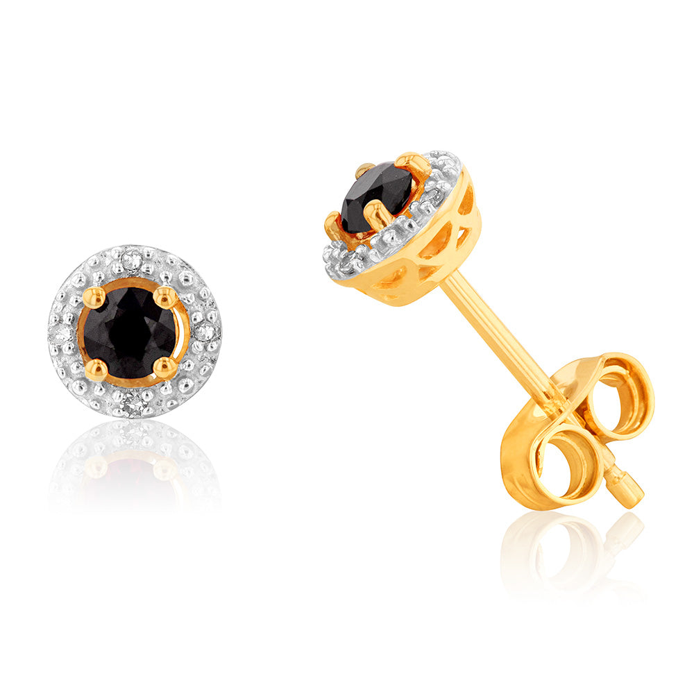 9ct Yellow Gold 3mm Natural Sapphire and Diamond Halo Stud Earrings