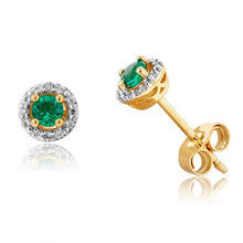 Load image into Gallery viewer, 9ct Yellow Gold 3mm Created Emerald and Diamond Halo Studs Earrings