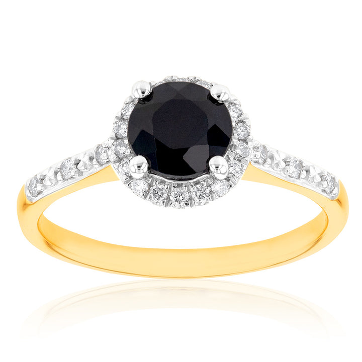 9ct Yellow Gold 1.20ct Natural Sapphire and 1/10 Carat Diamond Halo Ring