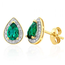 Load image into Gallery viewer, 9ct Yellow Gold 6x4mm Created Emerald and Diamond Pear Halo Stud Earrings