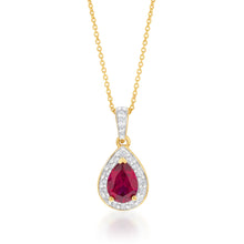Load image into Gallery viewer, 9ct Yellow Gold 7x5mm Created Ruby and Diamond Pear Halo Pendant on 45cm Chain