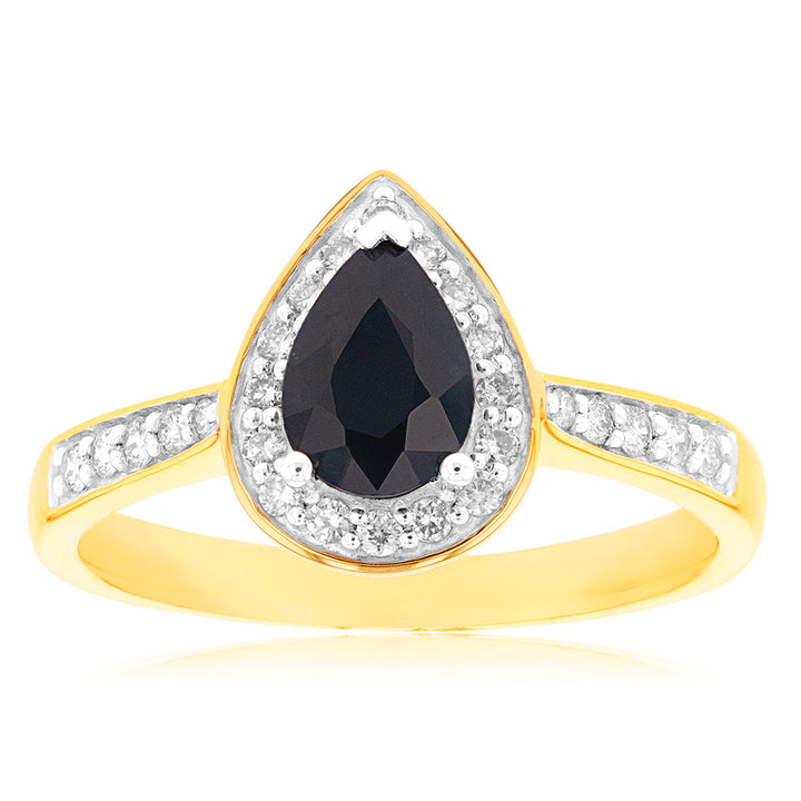 9ct Yellow Gold 1ct Natural Sapphire and 1/5 Carat Diamond Pear Halo Ring