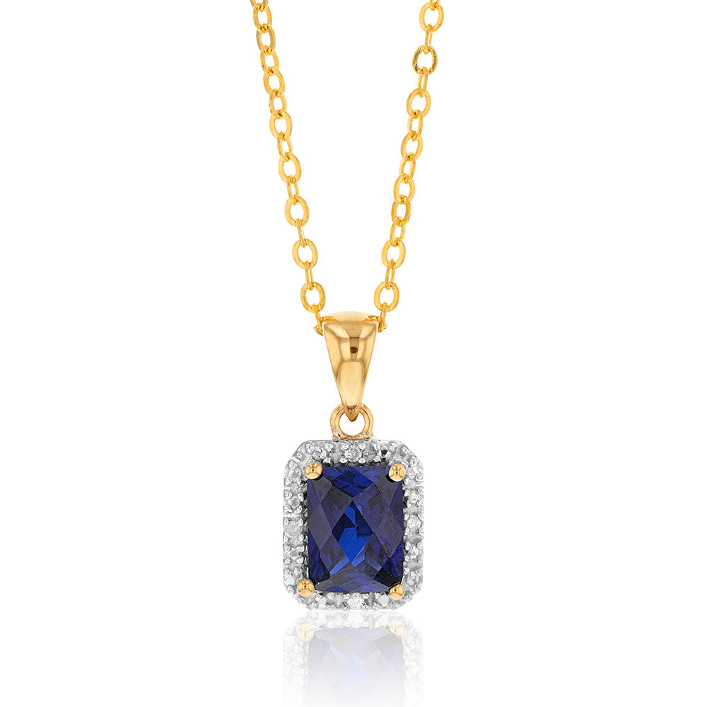 9ct Yellow Gold Created Sapphire and Diamond Pendant 46cm Gold Plated Chain