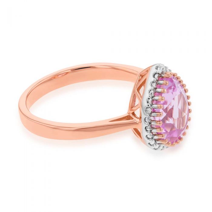 9ct Rose Gold Created Peach Sapphire and Diamond Pear Cut Ring
