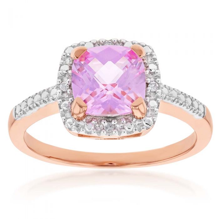 9ct Rose Gold Created Peach Sapphire and Diamond Accented Cushion Cut Ring