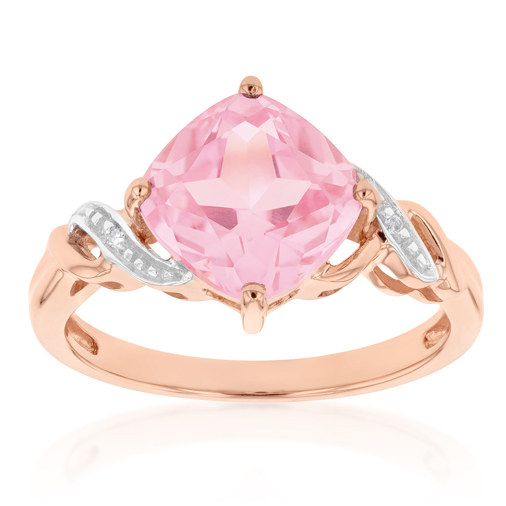 9ct Rose Gold Created Peach Sapphire and Diamond Cushion Cut  Ring
