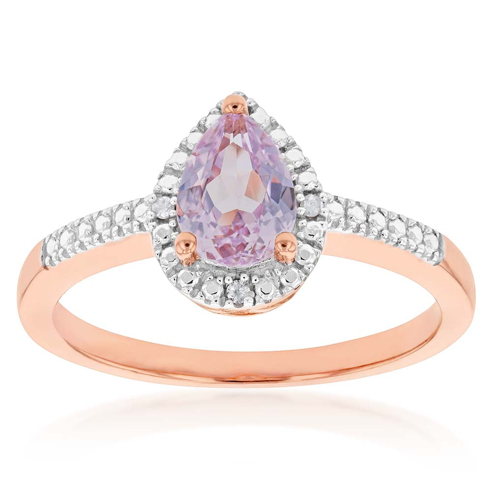 9ct Rose Gold Created Peach Sapphire & Diamond Pear Ring