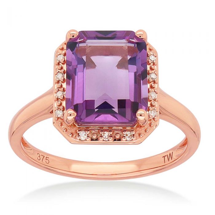 9ct Rose Gold Amethyst and Diamond Emerald Cut Ring