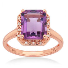 Load image into Gallery viewer, 9ct Rose Gold Amethyst and Diamond Emerald Cut Ring