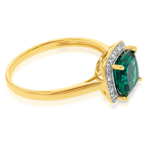 9ct Yellow Gold Created Emerald and Diamond Cushion Cut Ring