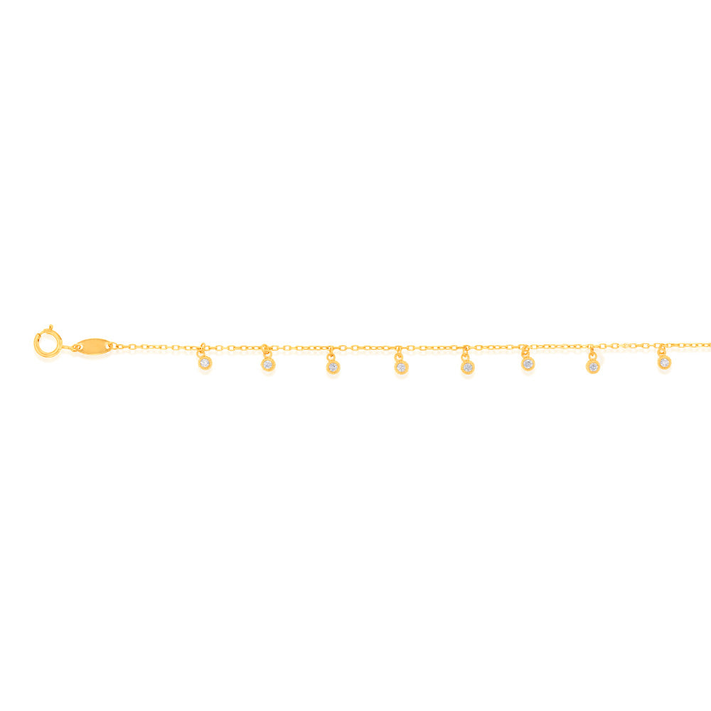 9ct Yellow Gold Hanging Cubic Zirconia Charm 17.8cm Bracelet