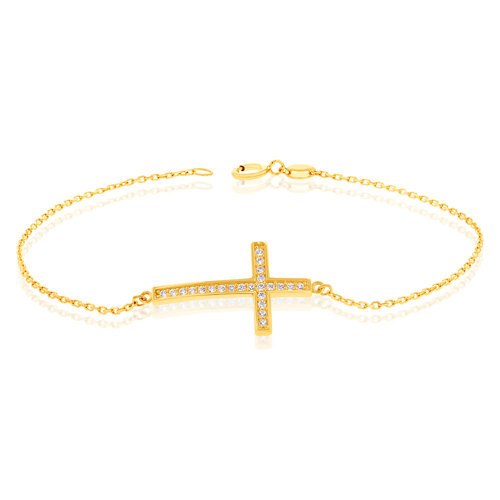 9ct Yellow Gold Cubic Zirconia On Cross 18.4cm Bracelet