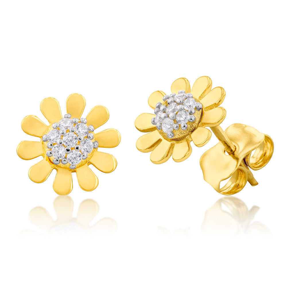 9ct Yellow And White Gold Two Tone Cubic Zirconia On Sunflower Stud Earrings