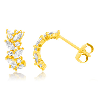 Cubic Zirconia On Leaf Patterned Half Hoop Earrings in 9ct Yellow Gold