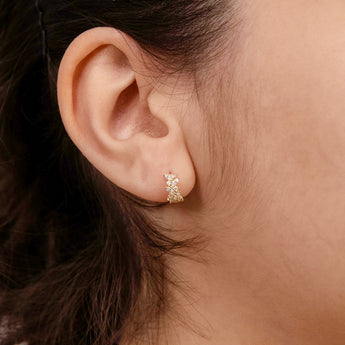 Cubic Zirconia On Leaf Patterned Half Hoop Earrings in 9ct Yellow Gold