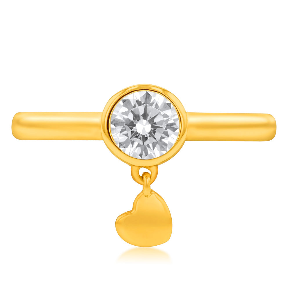 9ct Yellow Gold Cubic Zirconia And Dangling Heart Charm Ring