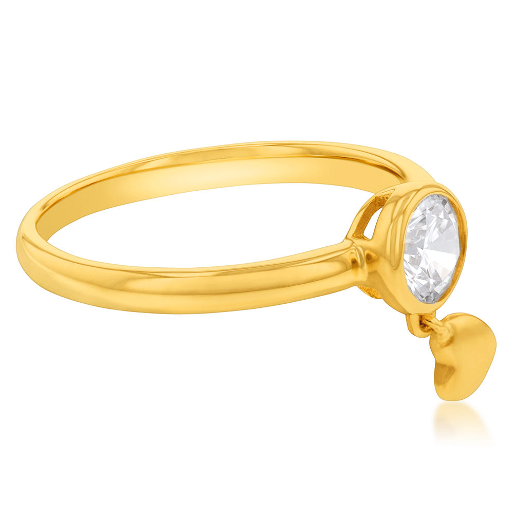 9ct Yellow Gold Cubic Zirconia And Dangling Heart Charm Ring