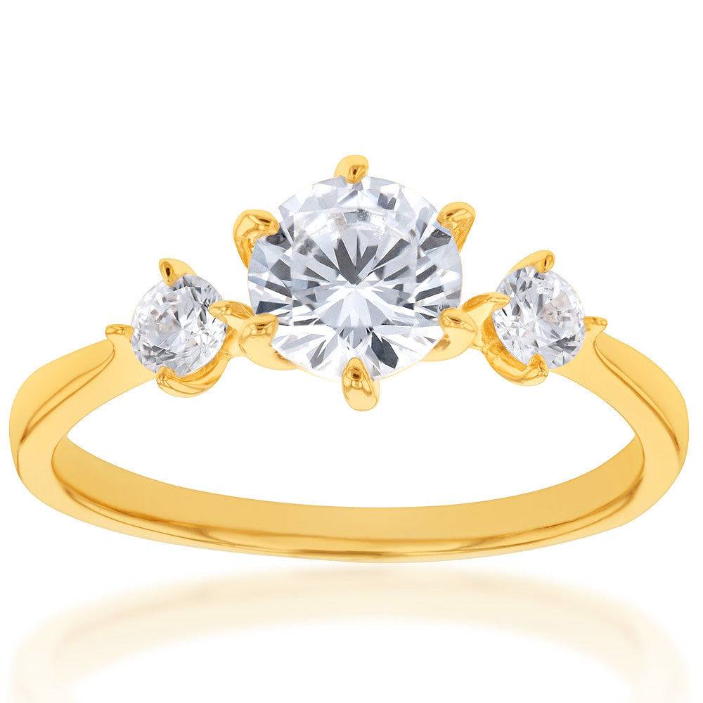 9ct Yellow Gold Round Cubic Zirconia Trilogy Ring