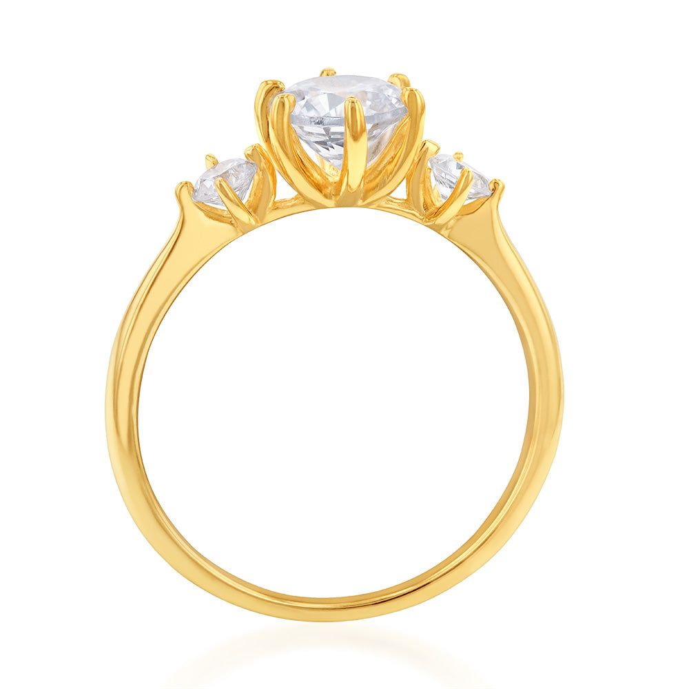 9ct Yellow Gold Round Cubic Zirconia Trilogy Ring