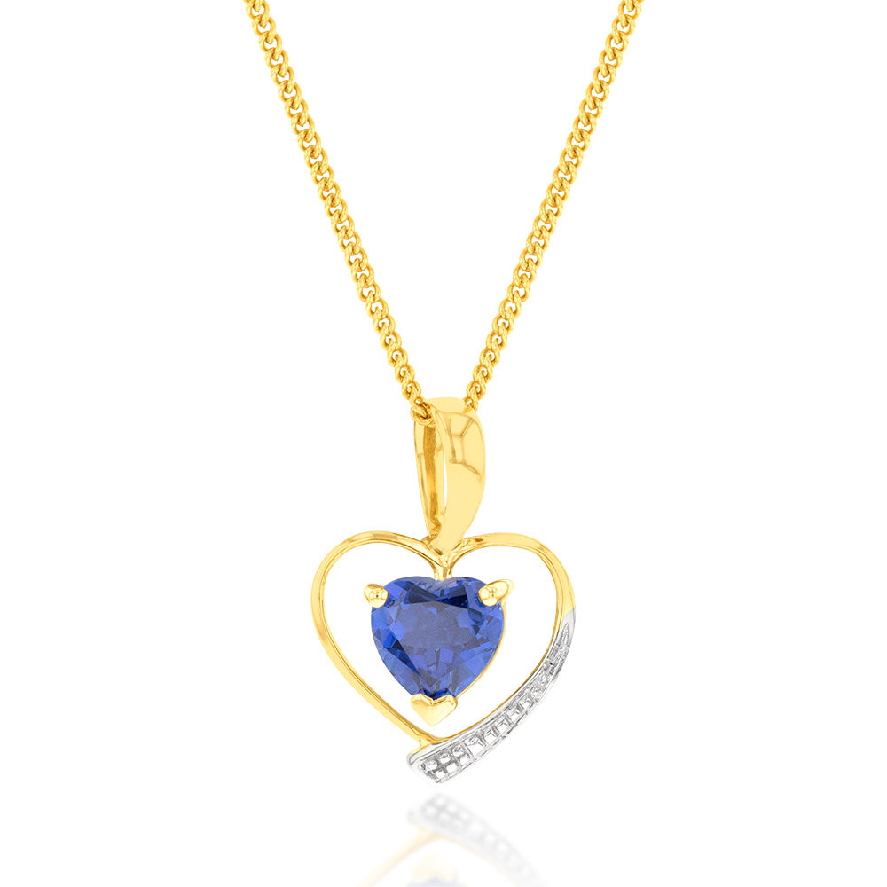 9ct Yellow Gold Created Sapphire Heart Pendant
