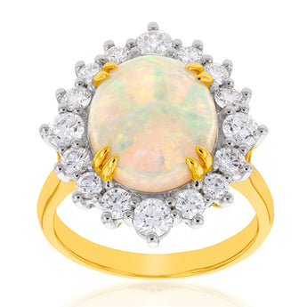 18ct Yellow Gold 3.17ct Natural White Oval Opand and 1.30ct Diamond Ring