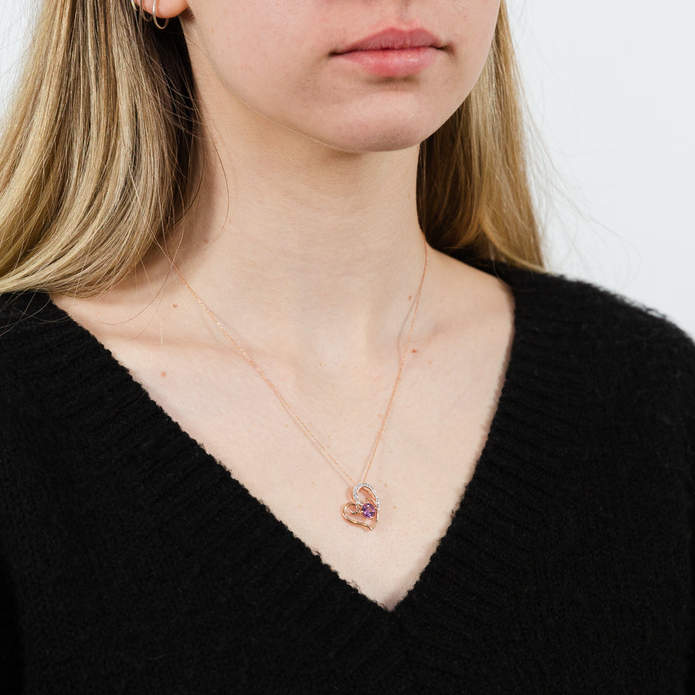 9ct Rose Amethyst and Diamond Heart Pendant on 45cm Chain