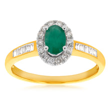 Load image into Gallery viewer, 9ct Yellow Gold Natural Emerald and Diamond Oval Halo Ring