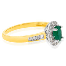 Load image into Gallery viewer, 9ct Yellow Gold Natural Emerald and Diamond Oval Halo Ring