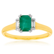 Load image into Gallery viewer, 9ct Yellow Gold Natural Emerald and Diamond Emerald Cut and Baguette Ring